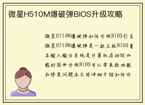 微星H510M爆破弹BIOS升级攻略