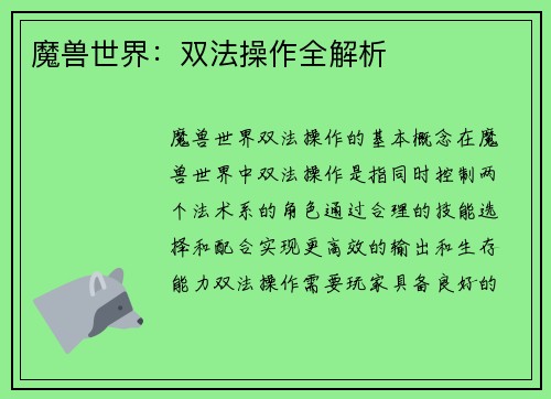 魔兽世界：双法操作全解析